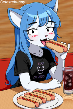 adolescent anthro beverage black_clothing black_shirt black_topwear blue_hair blush clothed clothing condiment eating eating_food eyelashes female food fur hair hot_dog ketchup looking_at_viewer mustard open_mouth pink_nose shirt simple_background smile solo teeth topwear white_body white_fur young young_anthro young_female celestebunny tiffany_blueberry domestic_cat felid feline felis mammal absurd_res digital_media_(artwork) hi_res