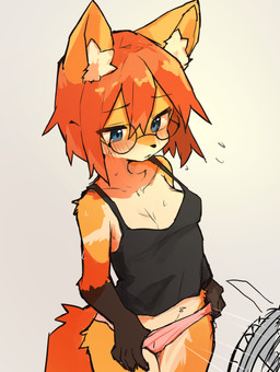 5_fingers anthro biped black_clothing black_topwear blue_eyes blush blush_lines breasts brown_body brown_fur clothing electric_fan eyewear female fingers fur glasses hair orange_body orange_fur orange_hair panties pink_clothing pink_panties pink_underwear simple_background solo topwear underwear white_background lilkon yumi_(lilkon) canid canine fox mammal 2025 absurd_res hi_res