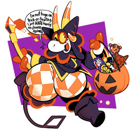 3_fingers alternate_color anthro belly big_butt boots bottom_heavy butt candy candy_corn_pattern clothing dessert dialogue eyewear fingers food footwear fur goggles hat headgear headwear holidays horn laugh male one_eye_closed shoes short_stack smile solo spade_tail speech_bubble staff tail talking_to_another trick-or-treating wink wool_(fur) yellow_sclera boot_(artist) halloween rhombos bovid caprine goat mammal 2025 hi_res