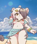 accessory anthro beach bikini bracelet breasts clothed clothing day detailed_background female front_view fur hair hair_accessory hairpin hatsu jewelry looking_at_viewer medium_breasts multicolored_hair nipple_outline outside sea seaside sky solo swimwear tail two-piece_swimsuit two_tone_hair under_boob water white_body white_fur yellow_eyes conditional_dnp paulo_z felid feline mammal pantherine tiger hi_res