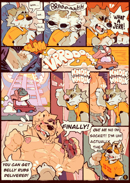 abs anthro apartment apartment_building areola blush bottomwear car chair clothed clothed_anthro clothed_male clothing dialogue door duo flooring fully_clothed fully_clothed_anthro fully_clothed_male furniture knocking_on_door looking_up looking_up_at_another male mattress muscular muscular_anthro muscular_male nipples pants pink_areola pink_nipples recliner shirt speech_bubble sweatpants t-shirt tall_buildings tall_male text topless topless_anthro topless_male topwear travelling vehicle yellow_sclera palprime1 wretchedwrench buford_(wretchedwrench) socket_(wretchedwrench) bird_dog canid canine canis domestic_dog golden_retriever hunting_dog mammal retriever absurd_res comic english_text hi_res