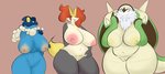 absurd_res amphibian anthro areola big_areola big_breasts big_butt big_nipples blaire_(plantedpot) breast_squish breasts butt canid canine chesnaught crotch_tuft delphox eyes_closed fan_character female fox frog frogadier generation_6_pokemon genitals group hand_on_hip hi_res huge_breasts huge_butt huge_thighs looking_at_viewer mammal mature_anthro mature_female nintendo nipples plantedpot pokemon pokemon_(species) presenting presenting_breasts pussy smile squish thick_thighs tongue tongue_out tuft wide_hips