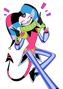 clothed clothing double_v_sign eyes_closed fool's_hat fully_clothed gesture hand_gesture hat headgear headwear jester male not_furry simple_background solo v_sign white_background enaic31 hellaverse helluva_boss fizzarolli_(helluva_boss) demon demon_humanoid humanoid imp absurd_res hi_res