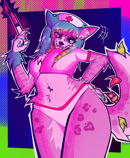 anthro claws clothing evil_look eyeshadow female hat headgear headwear holding_syringe makeup nurse_clothing nurse_hat nurse_headwear nurse_uniform panties piercing smile smiling_at_viewer solo syringe tail underwear uniform kitty_soda muffie_(kitty_soda) canid canine mammal 2026 digital_media_(artwork) hi_res