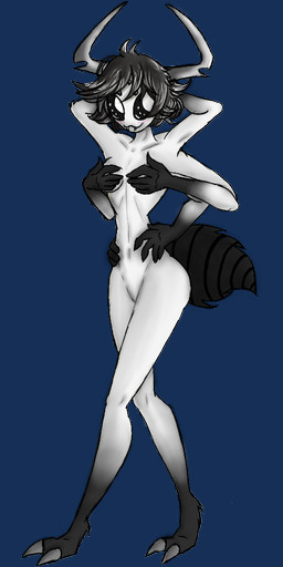 5_fingers 6_arms 6_eyes anthro black_tail breasts claws collarbone covering covering_breasts female fingers hair horn multi_arm multi_eye multi_limb navel rib_cage short_hair smile solo tail toe_claws dlnan0 celeste_(dlnan0) arachnid arthropod spider 1:2 alpha_channel black_and_white monochrome