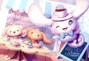 ambiguous_anthro ambiguous_gender anthro big_ears blue_bow_tie blue_eyes blush bow_tie brown_body brown_eyes brown_fur cake container cup dessert floppy_ears food fur grey_body grey_fur group ice_cream looking_at_viewer midair open_mouth open_smile sign sitting smile tan_body tan_fur trio bloominglynx cinnamoroll sanrio cinnamon_(cinnamoroll) species_request digital_media_(artwork) digital_painting_(artwork) painting_(artwork) signature