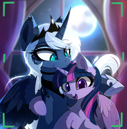 blue_body blue_eyes blue_feathers blue_fur blurred_background camera choker crown curtains duo eyebrow_through_hair eyebrows eyelashes eyeshadow feathered_wings feathers female feral fur grey_hair hair happy headgear hooves horn hug inside jewelry long_hair makeup mascara moon multicolored_hair necklace night open_mouth open_smile purple_body purple_eyes purple_feathers purple_fur purple_hair royalty smile sparkles teal_eyes tongue translucent translucent_hair white_hair window wings magnaluna friendship_is_magic hasbro my_little_pony mythology princess_luna_(mlp) twilight_sparkle_(mlp) equid equine mammal mythological_creature mythological_equine winged_unicorn 2018 digital_media_(artwork) hi_res portrait