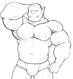 briefs bulge clothed clothing male muscular muscular_humanoid muscular_male navel nipples not_furry pecs simple_background solo topless underwear white_background maldu humanoid orc absurd_res hi_res monochrome