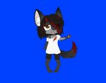 anthro black_hair broken_horn brown_eyes claws clothing collar fur grey_body grey_fur hair horn male open_mouth red_hair red_horn simple_background smile solo white_body white_fur crybitur cookie_(touhou) nyon_(cookie) suwyzid canid canine canis felid hybrid mammal wolf hi_res