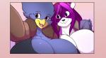 anthro beak big_breasts black_body black_feathers black_nose breasts cleavage clothed clothing duo feathers female fur hair huge_breasts hyper hyper_breasts long_hair non-mammal_breasts open_beak open_mouth open_smile purple_body purple_eyes purple_fur purple_hair red_eyes selfie smile tail jaeh busty_bird shina_(daigo) avian bird corvid corvus_(genus) crow mammal oscine passerine procyonid raccoon 2016 absurd_res hi_res