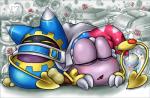 ambiguous_gender blue_border border clothing duo eyes_closed flower fool's_hat hat headgear headwear not_furry open_mouth plant rose_(flower) sleeping box_xod kirby_(series) nintendo magolor marx_(kirby) waddling_head 2013