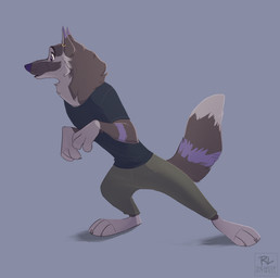 anthro black_clothing bottomwear cheek_tuft claws clothed clothing ear_piercing ear_ring facial_tuft fluffy fluffy_tail fur fur_markings grey_body grey_fur male markings multicolored_body multicolored_fur neck_tuft pants paws piercing pointy_ears pose purple_body purple_eyes purple_fur purple_nose ring_piercing shadow shirt snout solo standing t-shirt tail topwear tuft ritwell disney zootopia dl_wolf_(dl2288) canid canine canis mammal wolf hi_res