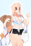 anthro big_breasts black_nose bodily_fluids bottomwear breasts brown_eyes chest_tuft cleavage clothed clothing dolphin_shorts eyebrows eyelashes female floppy_ears fur groceries holding_bag legs_together midriff shirt shorts simple_background solo standing sweat sweatdrop tan_body tan_fur tank_top topwear tuft white_background punipaws canid canine canis domestic_dog mammal 2025 hi_res