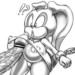 anthro big_breasts big_ears big_penis black_bars bound breasts censor_bar chain chained clothed clothing clothing_lift cuff_(restraint) disembodied_penis dress dress_lift duo erect_nipples exclamation_point female genitals glans humanoid_genitalia humanoid_penis ineffective_censorship interrobang loli looking_at_genitalia looking_at_penis male male/female nipples open_mouth oppai_loli penis penis_awe question_mark restrained restrained_arms restraints shackled shackles shortstack surprised tongue tongue_out vein veiny_penis vulva young young_anthro angelauxes sega sonic_the_hedgehog_(series) cream_the_rabbit lagomorph leporid mammal rabbit 1:1 black_and_white censored low_res monochrome