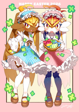 ambiguous_gender anthro biped blush brown_body brown_fur clothed clothing duo easter_egg fur holidays looking_at_viewer open_mouth white_body white_fur minamo_(pixiv17726065) easter nintendo pokemon cinderace generation_8_pokemon pokemon_(species) shiny_pokemon absurd_res hi_res