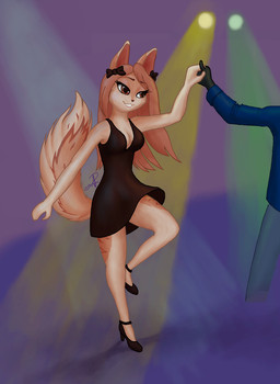 anthro black_clothing black_dress blonde_hair blue_clothing blue_shirt blue_topwear bottomwear breasts brown_body brown_eyes brown_fur clothed clothing collared_shirt dancing denim denim_bottomwear denim_clothing dress dress_shirt dress_shoes duo faceless_anthro faceless_character faceless_male female footwear fur hair high_heels jeans khaki_fur male male/female multicolored_body multicolored_fur pants shirt shoes simple_background solo_focus spotlight spotlight_beam tan_body tan_fur topwear pete_bagheera sera_(caniinu) canid canine canis fox mammal
