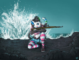 anthro belly bottomwear bulge bulletproof_vest clothing femboy footwear gesture gradient_background gun hand_gesture male navel one_eye_closed panties pointing ranged_weapon rifle sea shoes simple_background skirt sneakers solo tail underwear water wave weapon katxfish domestic_cat felid feline felis mammal hi_res