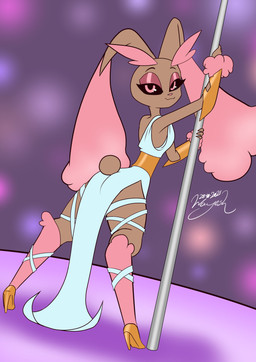 abstract_background anthro armor clothing eyeshadow female footwear gauntlets gloves handwear high_heels looking_back makeup pole rear_view shoes smile solo stripper_pole toga wayesh nintendo pokemon generation_4_pokemon lopunny pokemon_(species) shiny_pokemon 2021 absurd_res dated hi_res signature