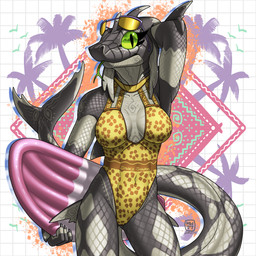 anthro breasts clothed clothing female forked_tongue green_eyes green_tongue grey_body grey_scales leotard looking_at_viewer pose pupils scales slit_pupils solo swimwear tongue yellow_clothing yellow_swimwear megawolf77 aquatic fish hybrid reptile scalie shark snake 1:1 2025 absurd_res hi_res