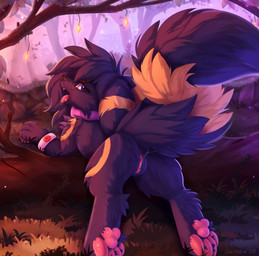 anus arm_tuft aroused bent_over big_ears big_tail blue_body blue_eyes blue_fur butt cheek_tuft claws collar elbow_tuft eyewear facial_tuft female feral fluffy fluffy_chest fluffy_ears fluffy_hair fluffy_tail forest forest_background fur fur_markings gem genitals glasses grass grey_body grey_fur hair humanoid_genitalia humanoid_genitalia_on_feral humanoid_vulva humanoid_vulva_on_feral jewelry lamp lantern leaf long_hair looking_at_viewer looking_back looking_back_at_viewer markings nature nature_background neck_tuft pawpads plant purple_eyes quadruped raised_tail solo spread_legs spreading tail teeth teeth_showing tent tongue tongue_out tree tuft vulva wearing_glasses yellow_body yellow_fur joeumbre nintendo pokemon evie_(seththetales) fan_character canid canine eeveelution generation_2_pokemon mammal pokemon_(species) umbreon colored digital_drawing_(artwork) digital_media_(artwork) hi_res shaded