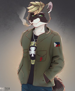 anthro bedroom_eyes blonde_hair blush bottomwear christian_cross christian_symbol cigarette clothed clothing cross cross_necklace denim denim_bottomwear denim_clothing eyebrows fluffy fully_clothed fur green_eyes hair hand_in_pocket hands_in_both_pockets jacket jeans jewelry looking_at_viewer male markings multicolored_body multicolored_fur narrowed_eyes necklace pants pockets religion religious_symbol seductive shirt simple_background smile smoke smoking solo standing striped_markings striped_tail stripes t-shirt tail tail_markings topwear conditional_dnp maiteik christianity mammal procyonid raccoon 2021 absurd_res digital_media_(artwork) half-length_portrait hi_res portrait