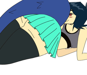animated_gif anthro blue_hair bottomwear bra butt butt_slam clothing female hair red_eyes shaking_butt skirt solo sports_bra tail underwear witchpanda dinosaur prehistoric_species reptile scalie animated short_playtime