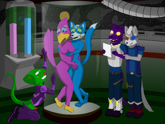 anthro anthro_on_anthro beak breasts crossgender erection female forced gender_transformation genitals group male melanistic mtf_transformation nipples non-mammal_breasts non-mammal_nipples penis science space transformation cashier:3 nintendo star_fox falco_lombardi fox_mccloud leon_powalski panther_caroso wolf_o'donnell avian bird canid canine canis chameleon felid flap-necked_chameleon fox lizard mammal pantherine reptile scalie wolf 4:3 absurd_res hi_res