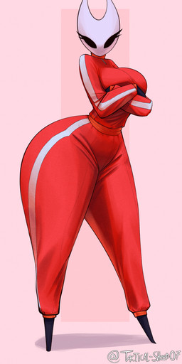 anthro big_breasts black_body bottomwear breasts clothing crossed_arms empty_eyes eyelashes female looking_at_viewer pants pink_background red_bottomwear red_clothing red_pants red_shirt red_topwear red_tracksuit shirt simple_background solo text thick_thighs three-quarter_view topwear tracksuit white_head oveja-tactica hollow_knight_(franchise) team_cherry hornet_(hollow_knight) arachnid arthropod spider 2026 absurd_res artist_name colored digital_media_(artwork) hi_res shaded