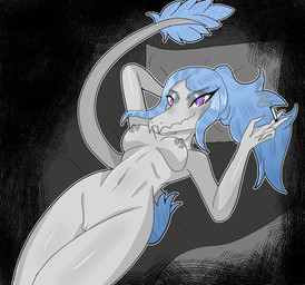 abstract_background anthro areola bedroom_eyes blue_body blue_feathers blue_hair blush breasts cigarette feathered_tail feathers female fingers front_view genitals grey_body hair holding_cigarette holding_object humanoid_genitalia humanoid_hands humanoid_vulva long_hair long_tail looking_at_viewer lying medium_breasts narrowed_eyes navel nipples non-mammal_breasts non-mammal_navel non-mammal_nipples nude nude_anthro nude_female on_back pillow pose purple_eyes seductive smile smirk smoke solo tail vulva gothgator0 goodbye_volcano_high ko_op_(game_developer) background_character hana_li_(gvh) dinosaur dromaeosaurid prehistoric_species reptile saurischian scalie theropod velociraptor absurd_res hi_res pinup portrait restricted_palette three-quarter_portrait