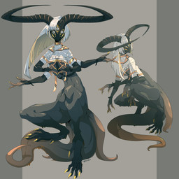 3_eyes 3_fingers 4_arms anthro armwear black_armwear black_body black_clothing black_skin breasts claws clothing crouching digitigrade female fingers hair mask multi_arm multi_eye multi_limb multiple_poses o-ring pose solo spread_arms tail topwear under_boob white_clothing white_hair white_topwear egocider unknown_species 1:1 absurd_res hi_res
