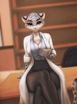 anthro bedroom_eyes breasts cleavage clothed clothing coat crossed_legs desk doctor female furniture half-closed_eyes lab_coat narrowed_eyes seductive sitting_on_desk solo table topwear aozee olivia_snow felid mammal pantherine snow_leopard 2022 hi_res