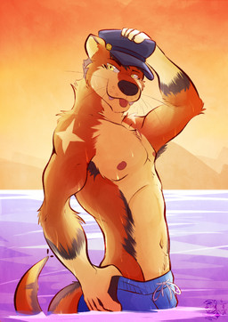anthro arm_tuft armpit_tuft athletic athletic_male black_claws black_nose blue_cap blue_clothing blue_swimming_trunks blue_swimwear brown_body brown_fur chest_tuft claws clothing countershading elbow_tuft fur gloves_(marking) hand_on_hat hand_on_hip hat head_turned headgear headwear male male_anthro markings membrane_(anatomy) navel neck_tuft nipples partially_submerged pink_nipples sea shirtless_male shoulder_tuft side_view smile solo star_(marking) sunset swimming_trunks swimwear tail tan_body tan_fur text tongue tongue_out tuft water webbed_hands wet wet_body wet_fur whisker_spots whiskers yellow_eyes ventkazemaru otter_(ventkazemaru) mammal mustelid otter 2024 artist_name dated hi_res portrait signature three-quarter_portrait