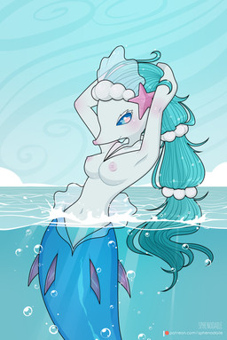 anthro areola blue_body blue_hair blue_scales blue_sclera blush breasts eyelashes female female_anthro front_view fur hair hands_behind_head long_hair medium_breasts navel nipples nude nude_anthro nude_female partially_submerged pink_areola pink_eyes pink_nipples pink_nose pose scales smile solo white_body white_fur wide_hips sphenodaile nintendo pokemon generation_7_pokemon mammal marine pinniped pokemon_(species) primarina seal absurd_res colored digital_drawing_(artwork) digital_media_(artwork) hi_res