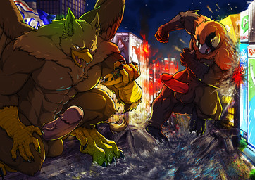 4_toes 5_fingers abs anthro balls beak biped brown_body brown_fur building building_destruction city city_background city_crushing city_destruction cityscape claws destruction duo erection extreme_size_difference feathered_wings feathers feet finger_claws fingers fire fur genitals house humanoid_genitalia humanoid_penis light macro macro_anthro macro_male male muscular muscular_anthro muscular_male night nude open_mouth outside pawpads paws pecs penile penis rampage river ship size_difference sky smile stomping tail toe_claws toes vehicle vehicle_destruction vein veiny_penis watercraft wings tatugon mythology carpo sergey_(abiki) accipitrid accipitriform avian bearded_vulture bird gryphon mythological_avian mythological_creature old_world_vulture vulture hi_res