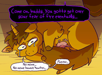 1_horn ambiguous_feral ambiguous_gender baby_talk bodily_fluids brown_body brown_fur brown_hair brown_hooves brown_horn brown_tail burn_scar crying curled_up dialogue feral floor fur hair hooves horn inner_ear_fluff offscreen_character scar scared solo spiral_horn tail tears text traumatized tuft wood wood_floor young young_ambiguous young_feral alpama fluffy_pony mythology equid equine fluffy_pony_(species) mammal mythological_creature mythological_equine unicorn 2023 digital_media_(artwork) english_text hi_res shaded