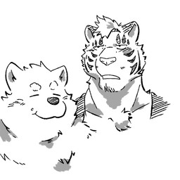 anthro duo male miloslegacy ramen_wolf_and_curry_tiger jiro_mita kagetora_yanagi canid canine canis domestic_dog felid feline mammal pantherine shiba_inu spitz tiger 1:1 line_art monochrome