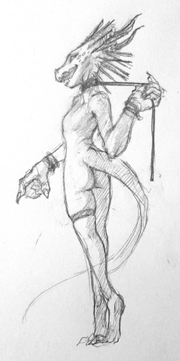 ambiguous_gender anthro bracelet butt collar digitigrade jewelry leash leash_pull leashed_collar open_mouth rear_view simple_background snout solo standing tail three-quarter_view white_background 4chan_anon anonymous_artist kobold scalie full-length_portrait graphite_(artwork) monochrome portrait traditional_media_(artwork)