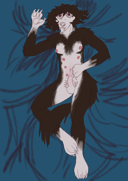 anthro balls bed_sheet bedding bedding_background belly claws finger_claws genitals gynomorph intersex lying on_back solo toe_claws shrumpoid canid canine mammal hi_res