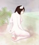 bathroom black_hair breasts butt female fur green_eyes hair inside kneeling leucistic looking_at_viewer looking_back nipples nude pawpads plant smile solo white_body white_fur franciscassidy adhira_hale felid lion mammal pantherine digital_media_(artwork) hi_res shaded