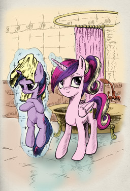 bath bathroom bathtub claw_foot_bathtub crossed_arms curtains cutie_mark duo faucet feathered_wings feathers female feral frown fur glowing hair horn long_hair looking_back magic multicolored_hair pink_body pink_feathers ponytail princess purple_body purple_eyes purple_fur purple_hair quadruped royalty shower shower_curtain standing tail towel two_tone_hair water wet wings young young_feral longren friendship_is_magic hasbro my_little_pony mythology princess_cadance_(mlp) twilight_sparkle_(mlp) equid equine mammal mythological_creature mythological_equine unicorn winged_unicorn 2013 hi_res