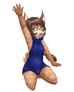 anthro biped black_nose blue_clothing blue_one-piece_swimsuit blue_swimwear brown_body brown_fur brown_hair brown_markings brown_spots clothed clothing countershade_face countershade_fur countershade_torso countershading eyebrows fur gloves_(marking) hair kneeling kneeling_on_ground long_hair looking_at_viewer male markings multicolored_body multicolored_fur one-piece_swimsuit open_mouth ponytail pupils raised_arm scut_tail short_tail slit_pupils solo spots spotted_body spotted_fur swimwear tail tan_body tan_countershading tan_fur tongue two_tone_body two_tone_fur young young_anthro young_male maverick felid feline lynx mammal 2026 4:5 absurd_res hi_res
