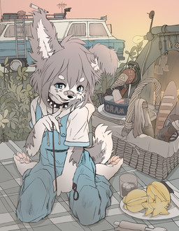 4_toes 5_fingers anthro band-aid bandage barefoot basket blue_clothing blue_eyes blue_overalls bread can car claws clothing collar container cutlery detailed_background eyebrows feet finger_claws fingers fire_extinguisher floppy_ears food fork fruit fur grass grey_body grey_ears grey_fur grey_hair grey_tail gun hair hindpaw holding_leash holding_object ice ice_cube kitchen_utensils kneeling knife ladder leash light_bulb male meat multicolored_body multicolored_fur napkin overalls pawpads paws picnic picnic_basket pink_pawpads plant plate ranged_weapon shota sky smile soles solo spiked_collar spikes starfruit tail teeth telescope tent toe_claws toes tongue tools topwear two_tone_body two_tone_fur two_tone_tail vehicle weapon white_body white_claws white_clothing white_eyebrows white_fur white_inner_ear white_tail white_topwear young young_anthro young_male makioraku misha_makioraku canid canine canis mammal wolf absurd_res hi_res