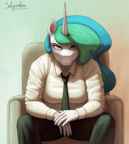 anthro armchair black_bottomwear black_clothing black_necktie black_pants blue_hair bottomwear chair clothing collared_shirt colored_nails dress_shirt eyebrow_through_hair eyebrows eyelashes eyelashes_through_hair female furniture glistening glistening_eyes gradient_background green_hair hair hand_on_hand horn long_hair looking_at_viewer mouth_closed nails necktie on_chair pants pink_hair pupils purple_eyes serious serious_face shadow shirt simple_background sitting sitting_on_chair solo topwear translucent translucent_hair white_body white_clothing white_dress_shirt white_shirt white_topwear suhar friendship_is_magic hasbro my_little_pony mythology princess_celestia_(mlp) equid equine mammal mythological_creature mythological_equine unicorn 2025 digital_drawing_(artwork) digital_media_(artwork) hi_res shaded signature