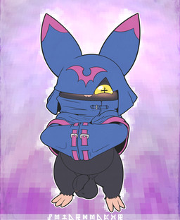 anthro balls black_body black_fur blush cloak clothing cowl flaccid foreskin fur genitals long_ears male penis pupils shortstack shortstack_male solo unusual_pupils wings yellow_eyes mrpandragon bandai_namco digimon chiropmon digimon_(species) absurd_res hi_res