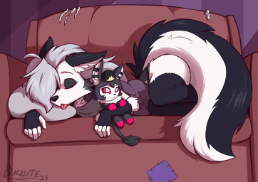anthro eyes_closed female fur furniture grey_body grey_fur plushie sleeping sofa solo tongue tongue_out white_body white_fur blacklite hellaverse helluva_boss mythology loona_(helluva_boss) canid canid_demon canine demon hellhound mammal mythological_canine mythological_creature 2026