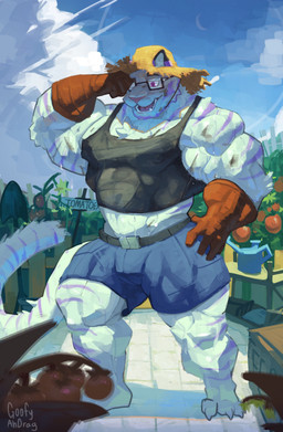3_toes 5_fingers anthro barazoku belt_buckle biceps big_muscles black_clothing black_shirt black_tank_top black_topwear blue_bottomwear blue_clothing blue_shorts bodily_fluids bottomwear brown_clothing brown_gloves brown_handwear buckle chest_tuft claws clothing cloud crescent_moon day detailed_background eyebrows eyewear feet fingers food fruit fur garden glasses gloves hand_on_hip hand_on_own_hip handwear hat headgear headwear huge_muscles male markings moon muscular muscular_male one_eye_closed open_mouth plant purple_eyes purple_stripes rake rectangular_glasses rubbing_eye shirt shorts shovel sign sky solo straw_hat striped_arms striped_body striped_fur striped_legs striped_markings striped_tail stripes sweat tail tail_markings tank_top teeth text toe_claws toes tomato tongue_showing tools topwear tuft vein veiny_muscles watering_can wearing_glasses white_body white_fur white_sclera goofyahdragons felid mammal pantherine tiger 2025 artist_name full-length_portrait hi_res portrait