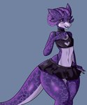 4_fingers anthro bottom_heavy bottomwear clothed clothing collar crossdressing eyewear femboy fingers glasses horn male purple_body purple_scales scales skirt solo tail thick_thighs thong_straps topwear wide_hips alexis_drawing purple_lust_(2dt) kobold reptile scalie absurd_res hi_res