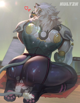 anthro blush blush_lines bodily_fluids butt butt_sniffing clothing duo facesitting footwear fur hair jockstrap male male/male multicolored_body sitting sitting_on_another sniffing socks sweat sweatdrop sweaty_butt underwear white_body white_fur white_hair kult2k mihoyo zenless_zone_zero banyue_(zenless_zone_zero) von_lycaon ambiguous_species canid canine canis felid feline mammal robot_anthro wolf absurd_res hi_res