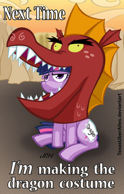 clothing costume cutie_mark fangs female feral fur hair horn multicolored_hair note open_mouth purple_body purple_eyes purple_fur purple_hair sitting solo teeth text two_tone_hair texasuberalles friendship_is_magic hasbro my_little_pony mythology twilight_sparkle_(mlp) dragon equid equine mammal mythological_creature mythological_equine mythological_scalie scalie unicorn english_text