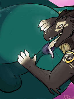 anthro anus balls black_body close-up duo feral genitals green_body larger_anthro larger_male male male/male male_anthro male_feral nude nude_anthro nude_male open_mouth orange_eyes size_difference smaller_anthro smaller_male teal_body teeth tongue tongue_out white_body meldritchhorror mythology adronial_(foxdragon) ghostfire_(foxdragon) dragon mythological_creature mythological_scalie scalie 2017 hi_res